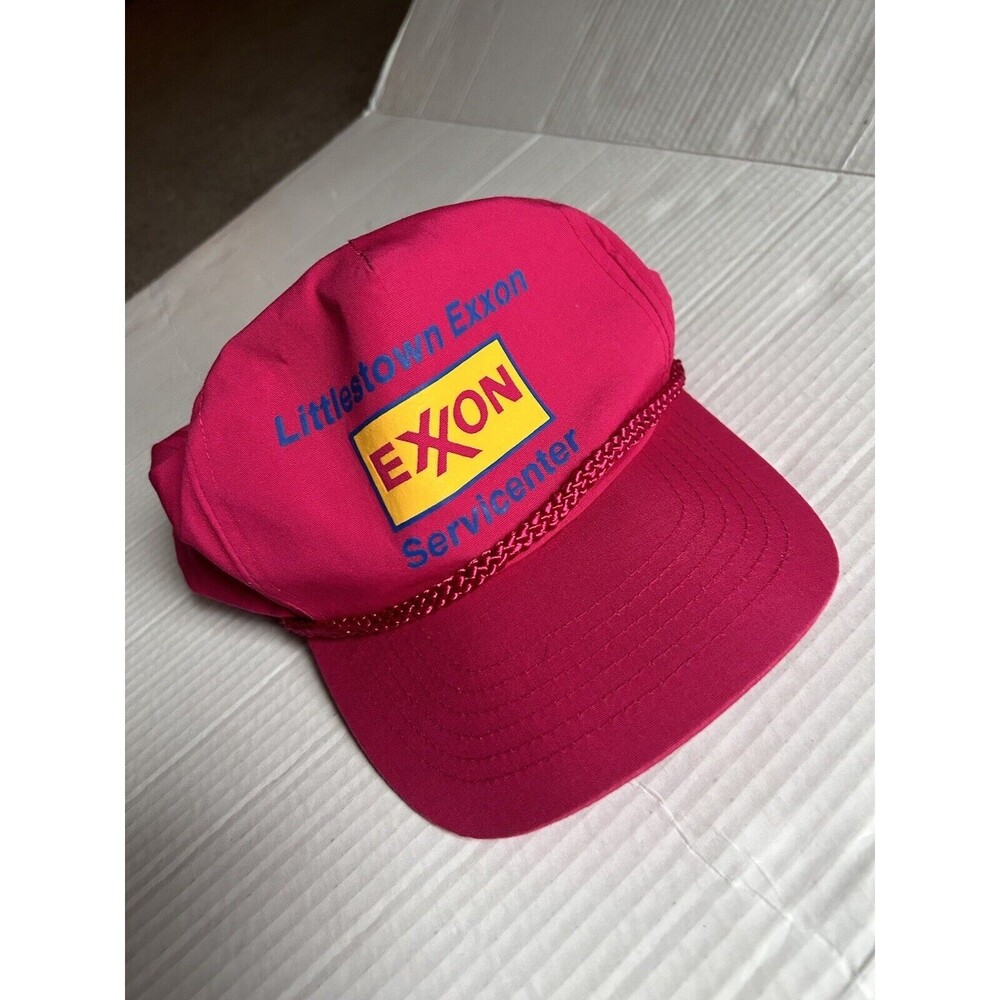 Vintage Trucker Cap Braided Design Exxon Hot Pink Hat Adjustable
